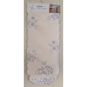 14" x 70" White & Blue Embroidered Cutwork Table Runner Spring Bunny & Butterfly